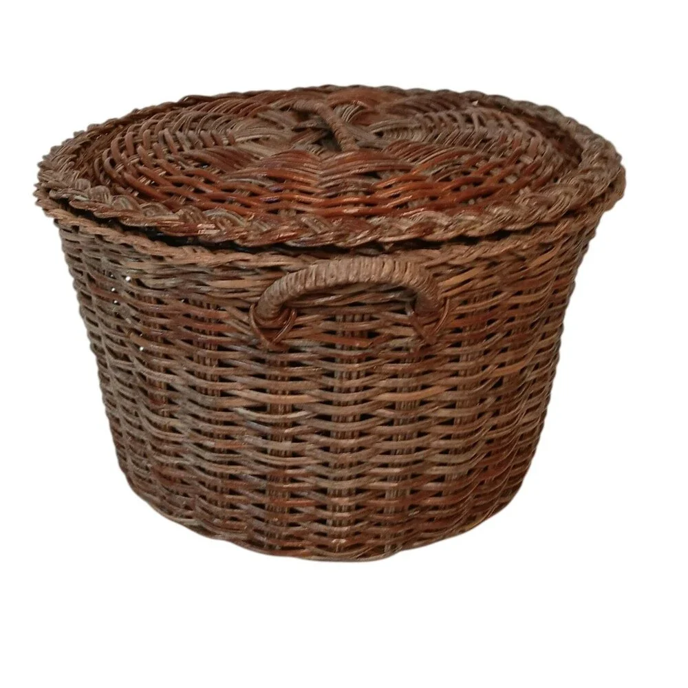 Vintage Wicker Rattan Basket With Lid Reddish Brown 12